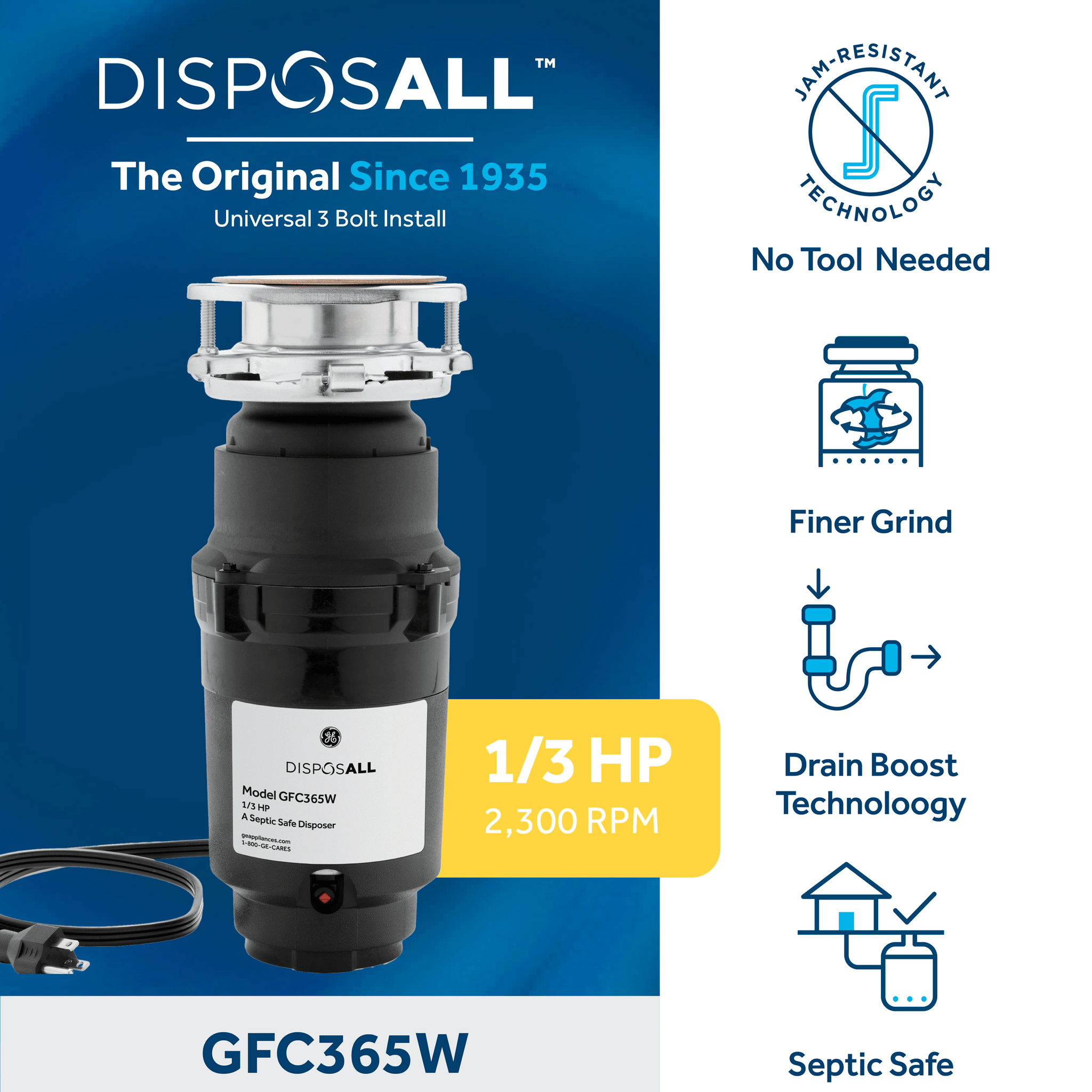 Ge Appliances GFC365W Ge Disposall® 1/3 Hp Continuous Feed Garbage Disposer - Corded